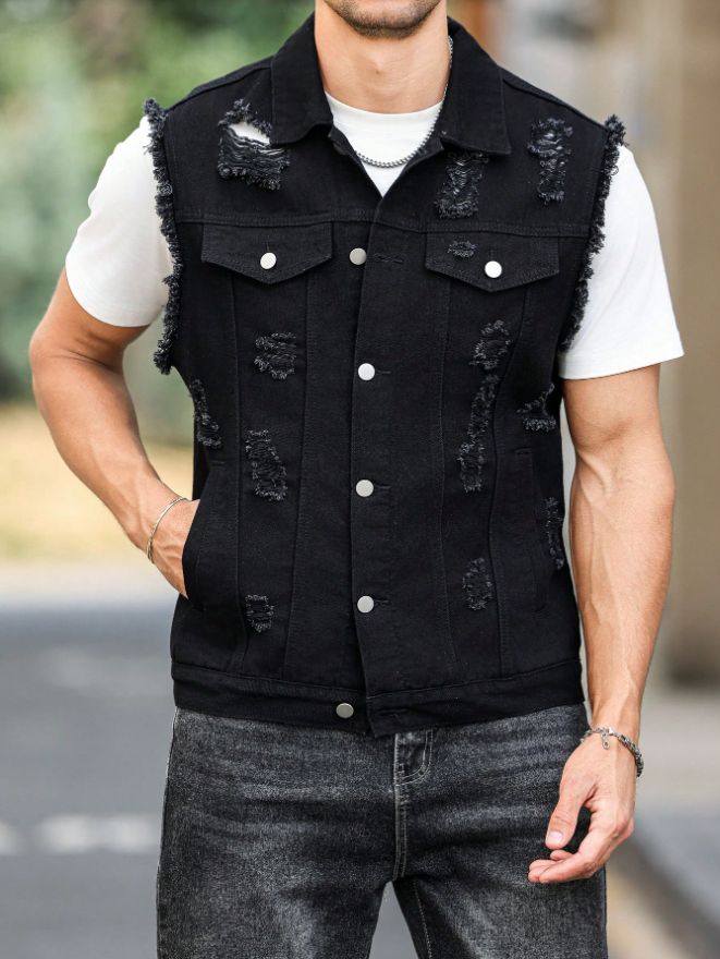 Black Distressed Denim Vest Men Ripped Frayed Sleeveless Jean Jacket Streetwear US…