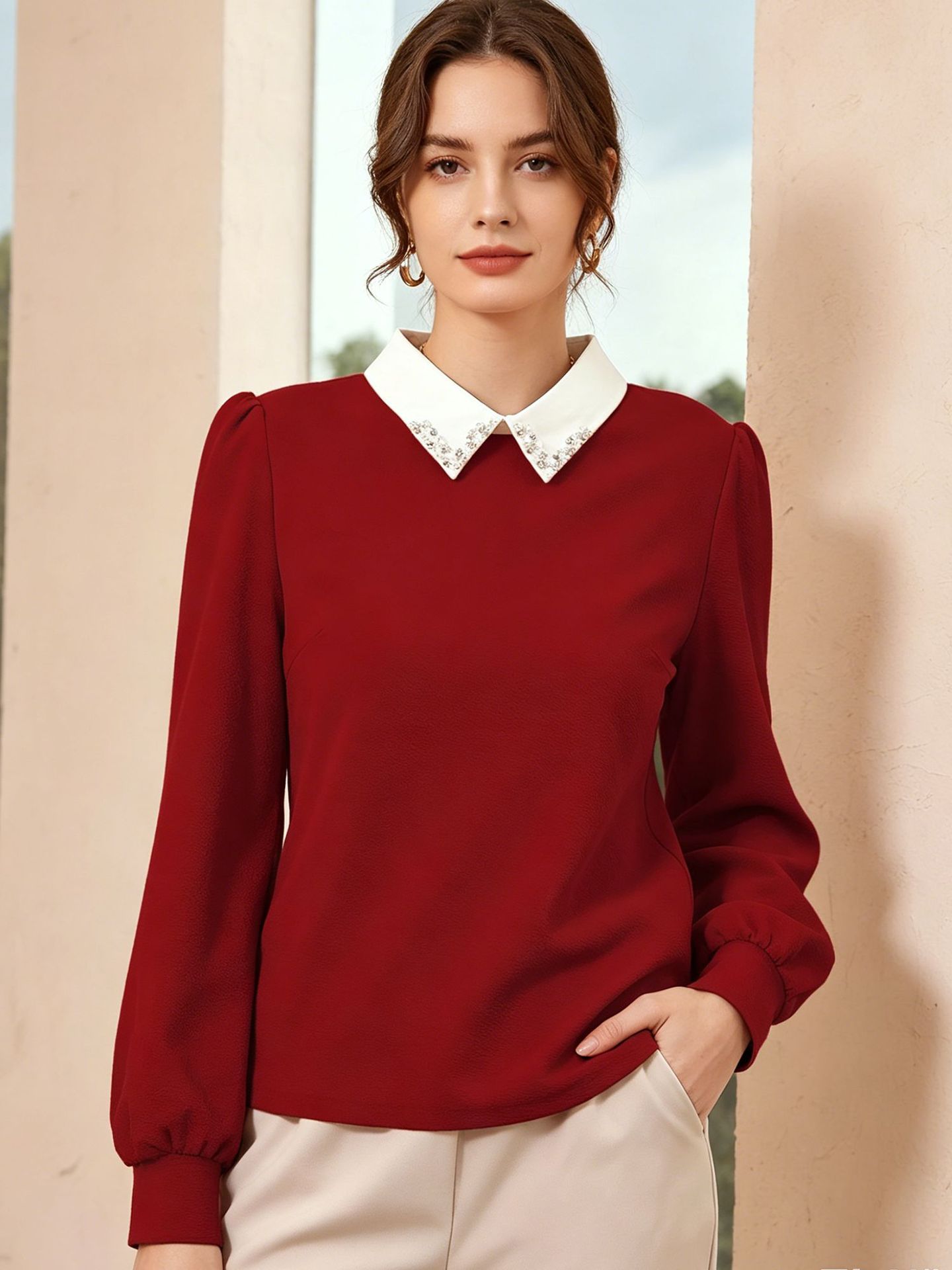 European And American New Style Women's Shirt With Pleated Collar, Lantern Long Sleeves…