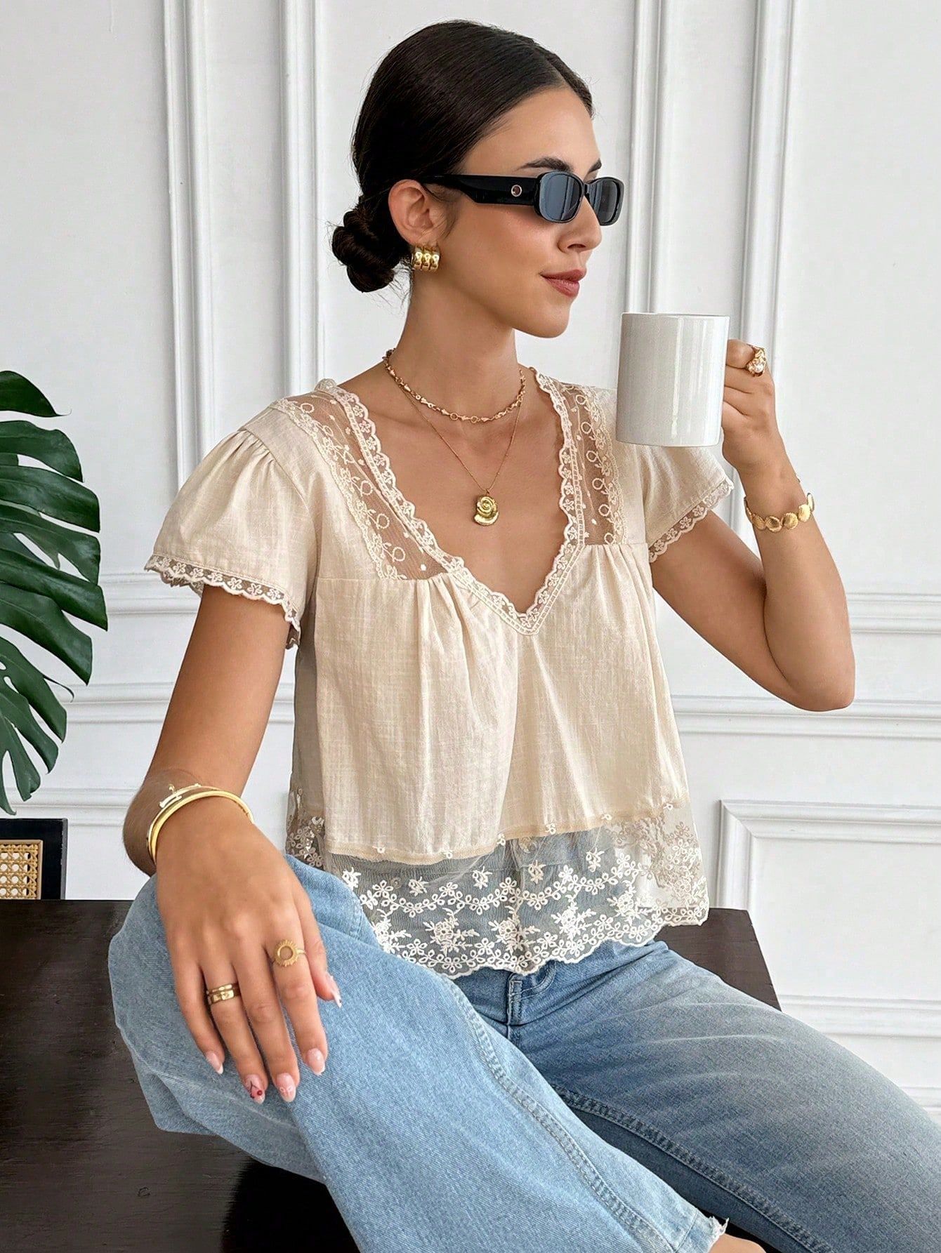 Hollow Embroidered Lace Shirt, V-neck Mesh Splicing Breathable Pure Cotton Short Top For…