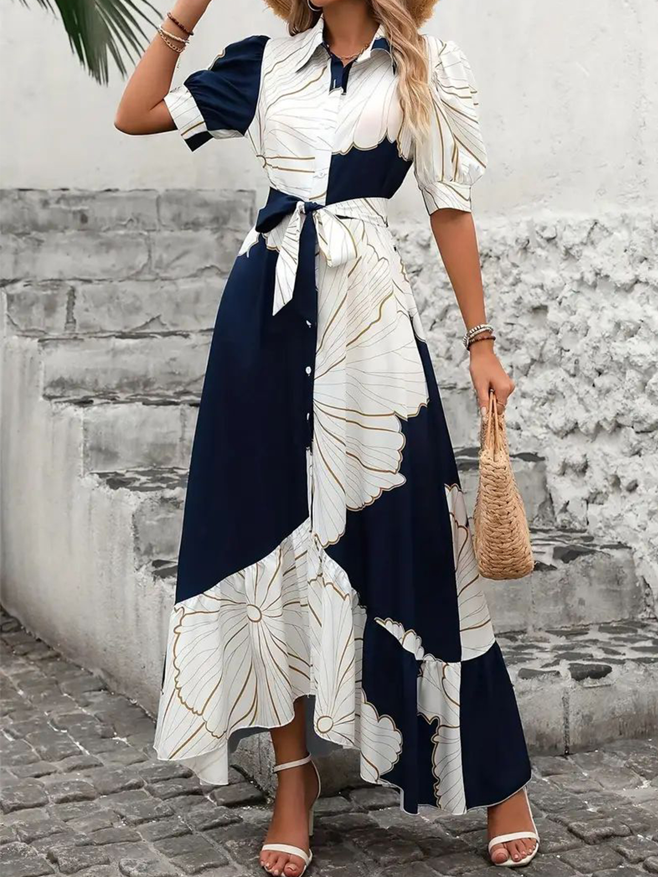Women's Floral Print Button Down Shirt Dress Puff Short Sleeve Self Tie Waist…