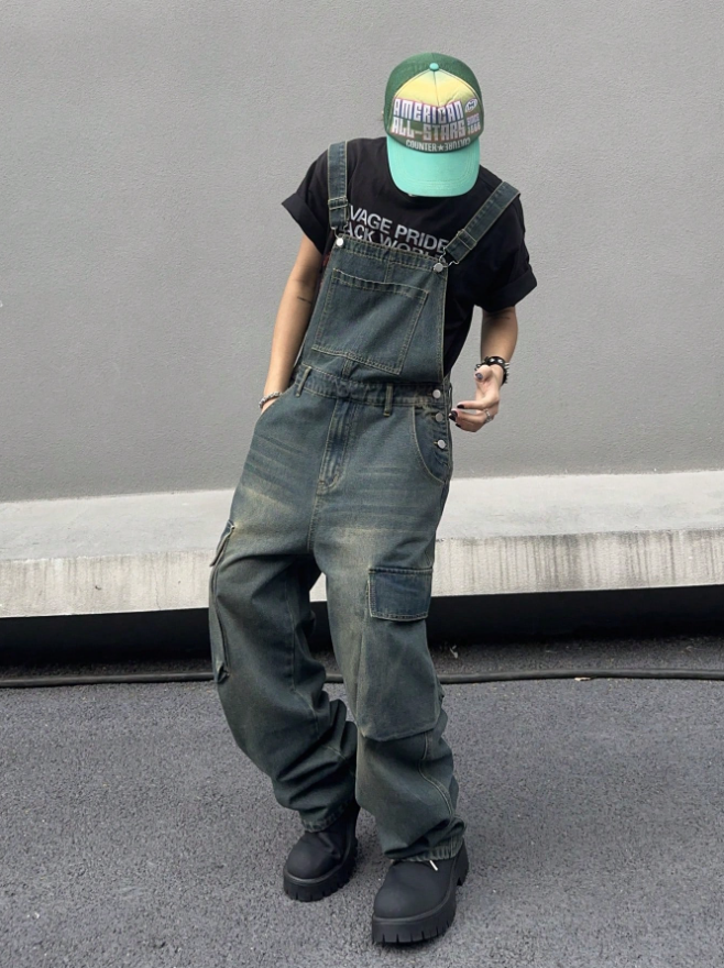 Mens Vintage Denim Bib Overalls Faded Wash Wide Leg Baggy Streetwear Dungarees US…