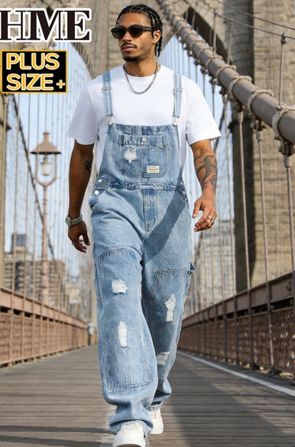 Distressed Denim Overalls Men Plus Size Big And Tall Light Wash Baggy Workwear Bib…