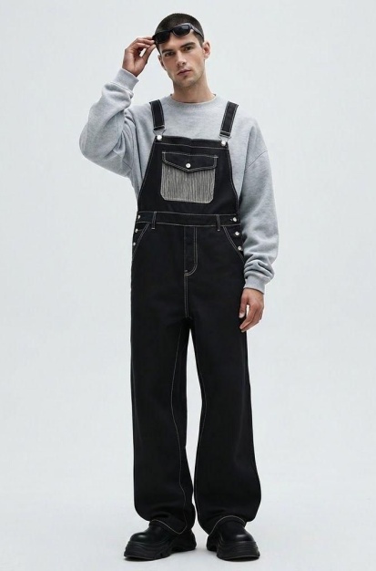 Black Denim Overalls Men Asymmetric One Shoulder Baggy Wide Leg Streetwear Jumpsuit US…