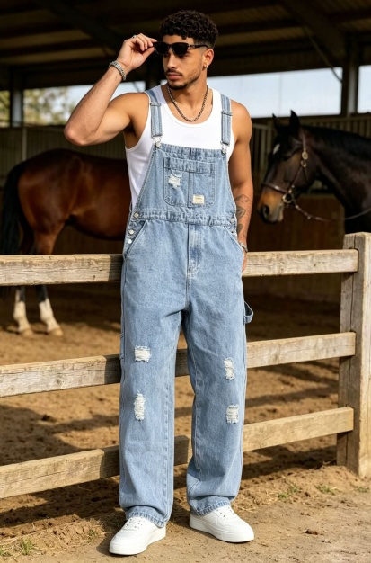 Light Wash Mens Denim Overalls Distressed Baggy Loose Fit Bib Dungarees Vintage…