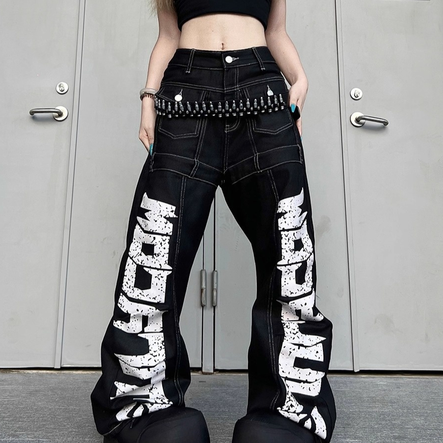 Black American-style Wide-leg Pants With A Large Letter Print Relaxed Fit