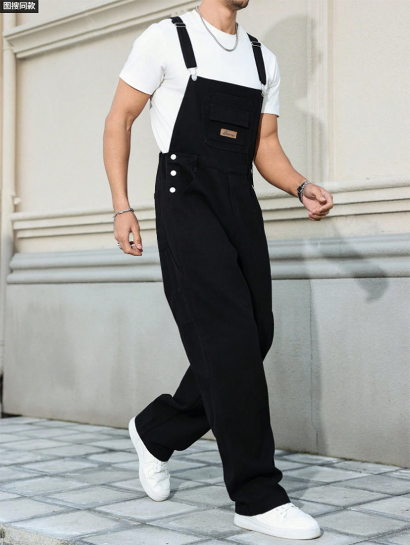 Black Denim Overalls Men Loose Straight Leg Bib Overalls Utility Workwear Jumpsuit US…
