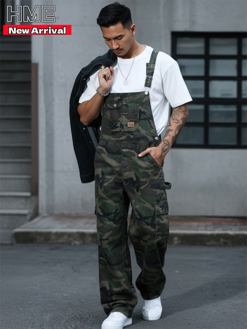Men's Camo Bib Overalls Loose Fit Cargo Workwear Jumpsuit Multi Pocket Streetwear US…