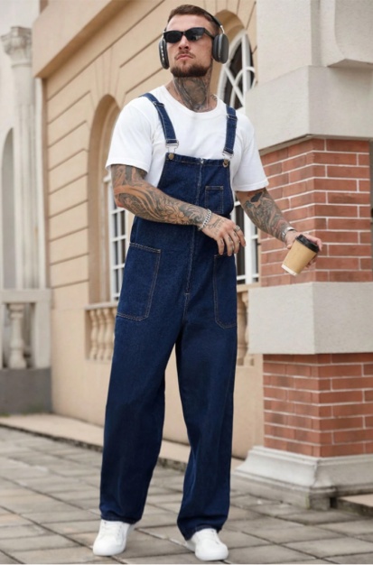 US Ready Stock Mens Denim Overalls Dark Blue Loose Fit Straight Leg Bib Overalls Casual…