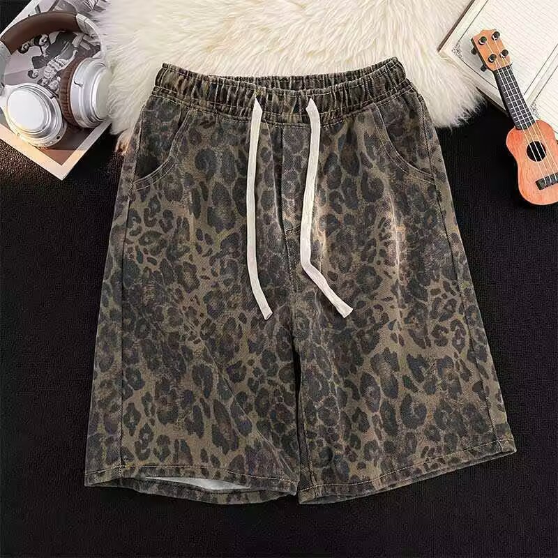 Men's Casual Leopard-print Elastic-waist Shorts