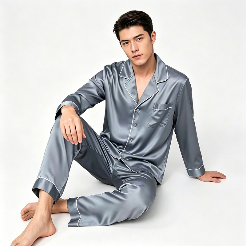 Mens Long-sleeve Long-pants Silk Pajama Set