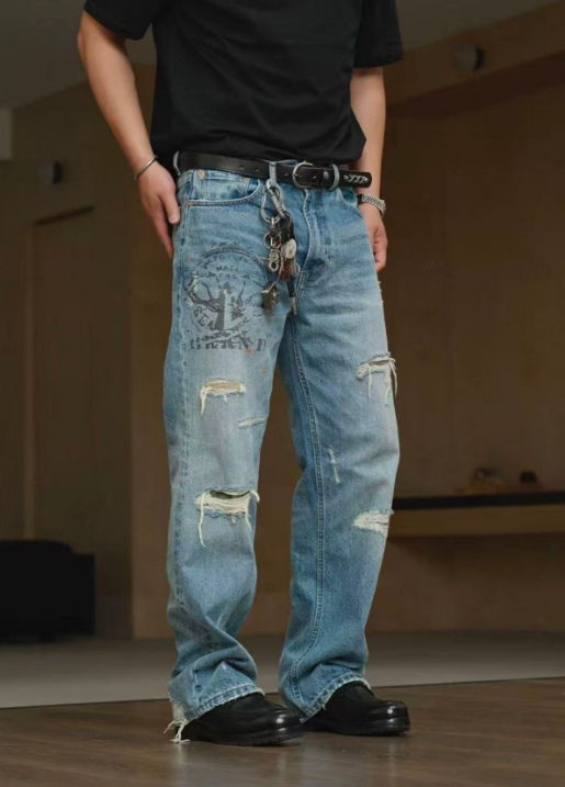 Graphic Print Jeans Men Relaxed Fit Light Blue Denim Pants Distressed Streetwear Plus…