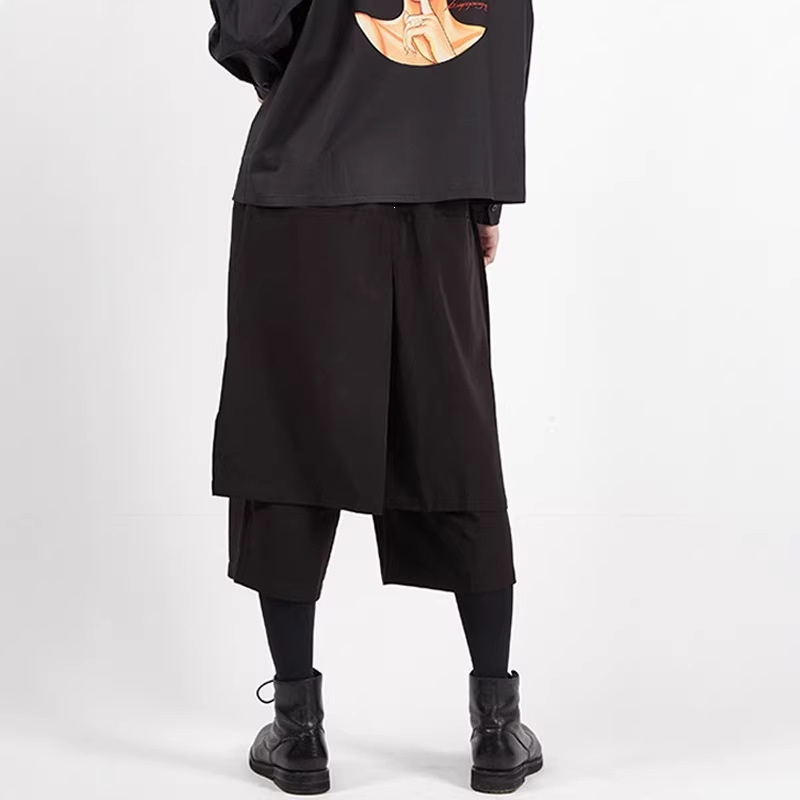 SpringSummer Mens Wide-leg Pants Faux Two-piece Design Culottes