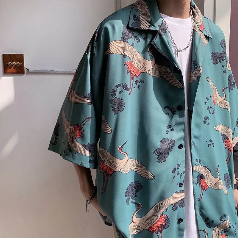 Men's Short-sleeve Shirt Summer Chinese-style Trendy Crane-printed Oversized Beach Shirt…