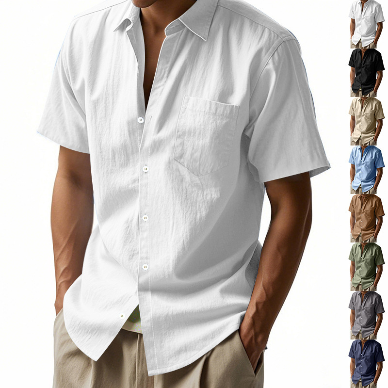 Independent Station American Men's Hawaiian Style Linen Loose Casual Henry Collar Lapel…