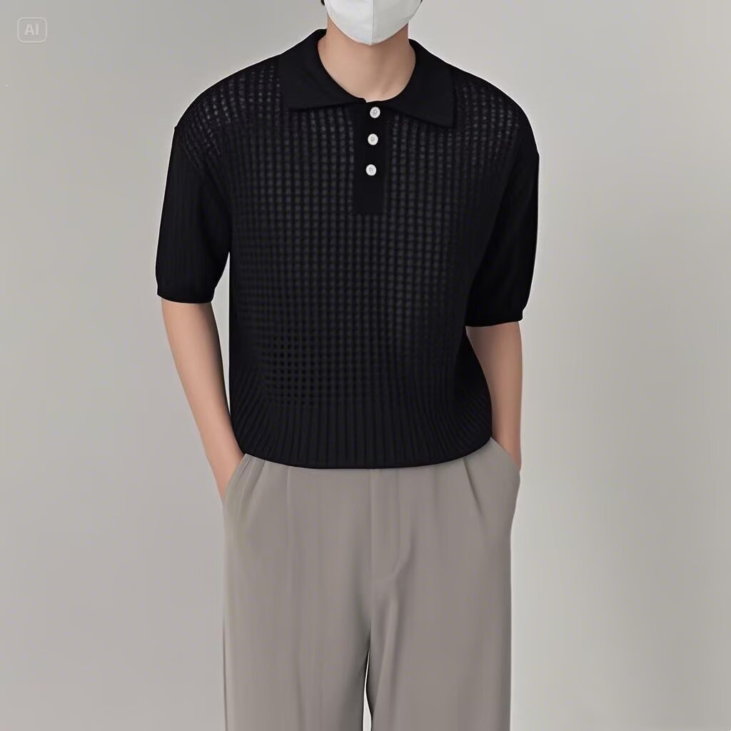 Mens Retro Solid-Color Half-Sleeve Lapel T-Shirt