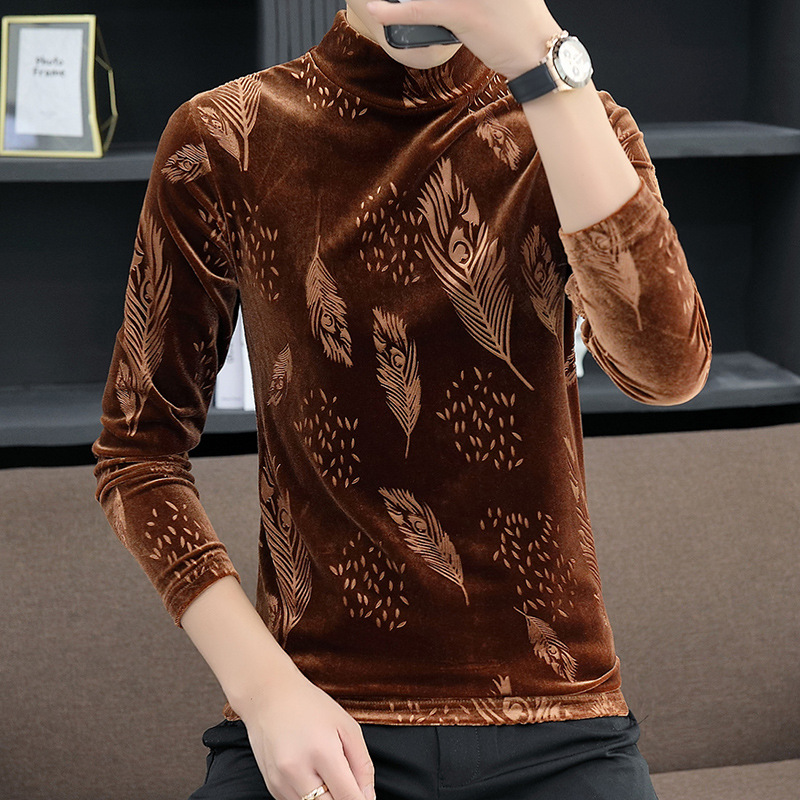 Gold Velvet Feather Bottoming Long-Sleeved Top