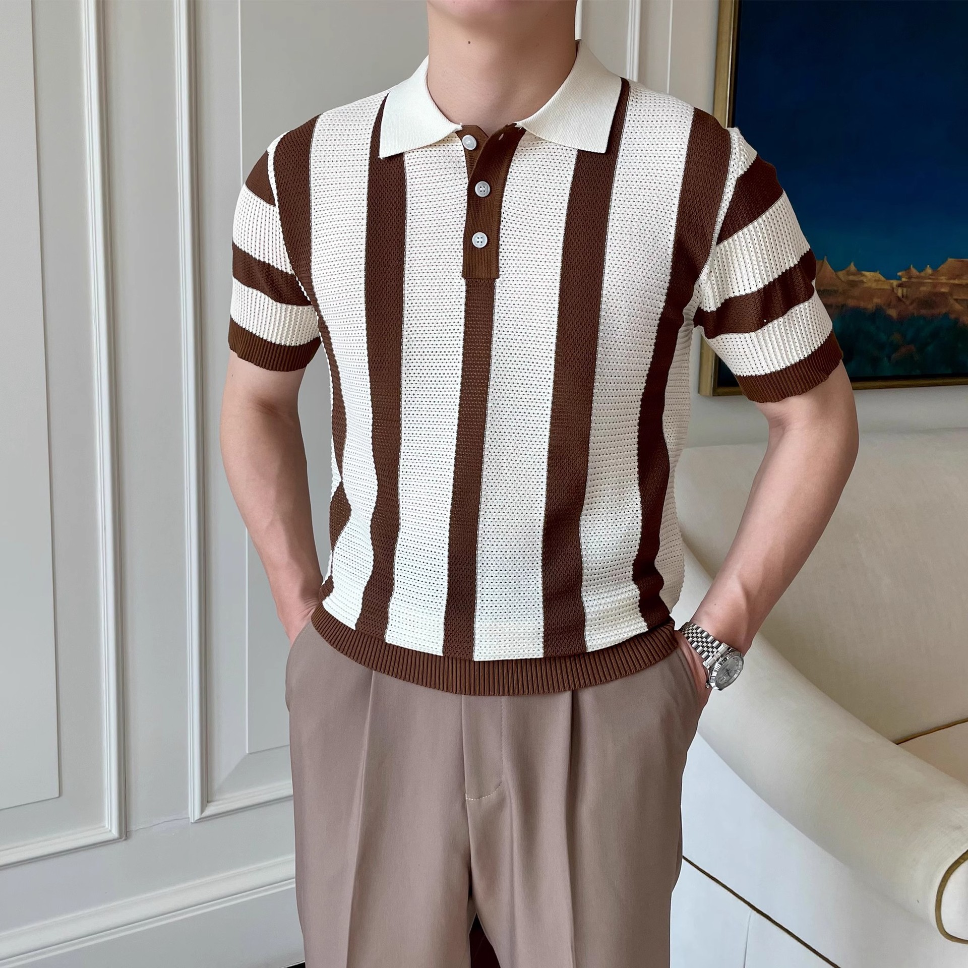 Striped Knitted Polo Shirt Men's Cool & Dashing Lapel T-Shirt