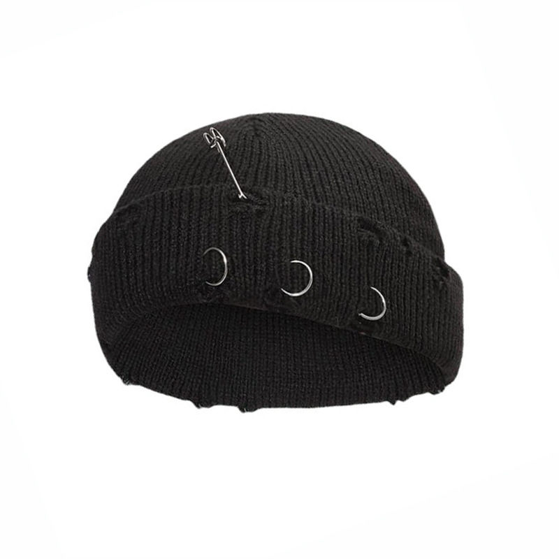 Iron Ring Pin Ripped Knit Beanie