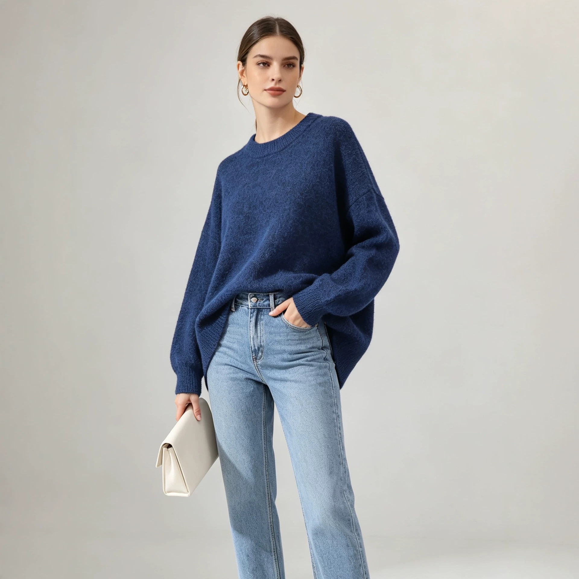 Solid-color Crew-neck Korean-style Loose-fit Cozy Knit Sweater