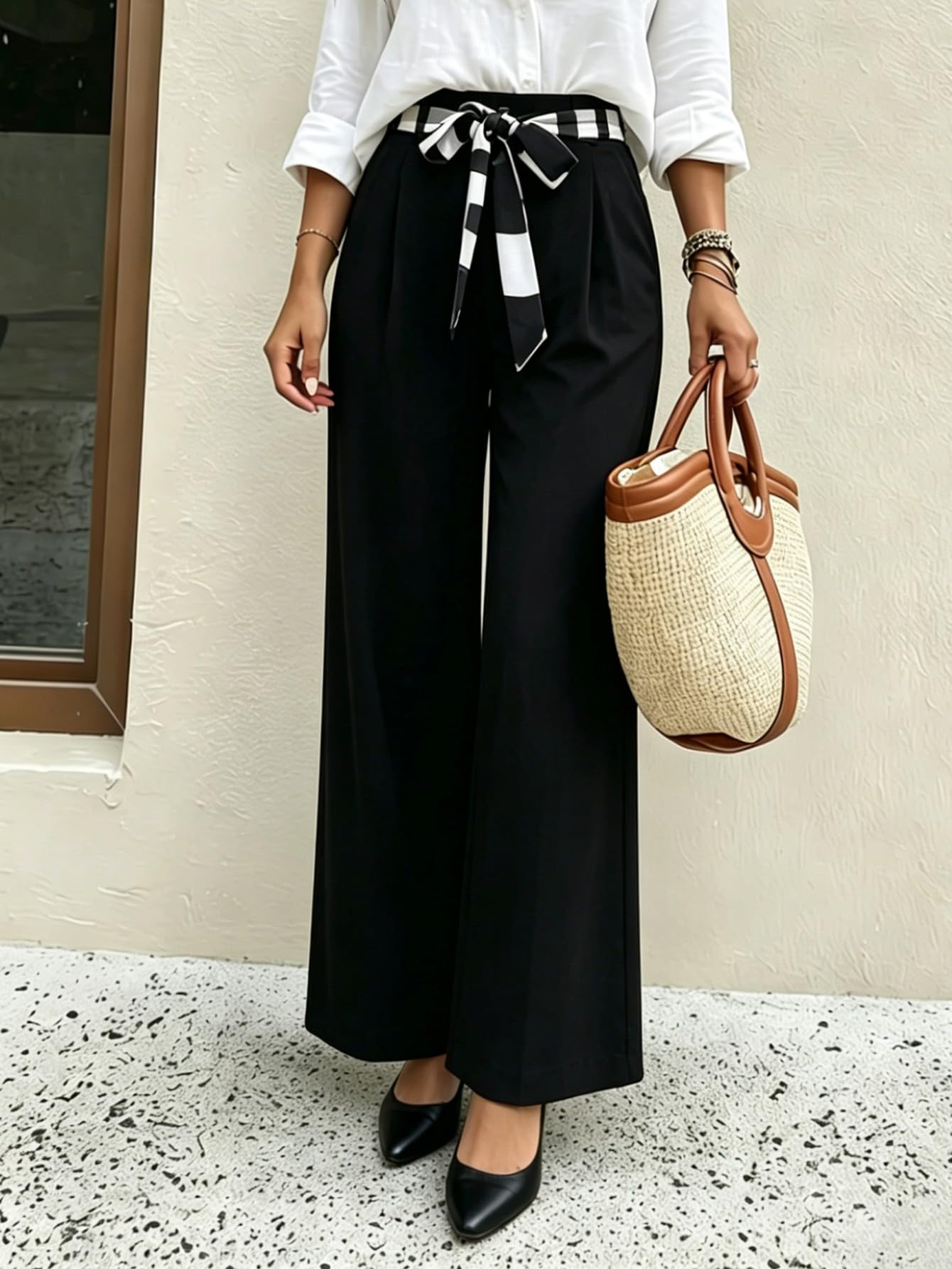 Women's High Waist Wide Leg Suit Pants, Tie Bow Waistband Pleated Dress Trousers, Elegant…