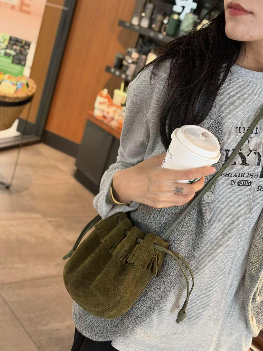 Tassel Bucket Bag, Genuine Leather Single Shoulder Diagonal Cross Bag, New Drawstring…