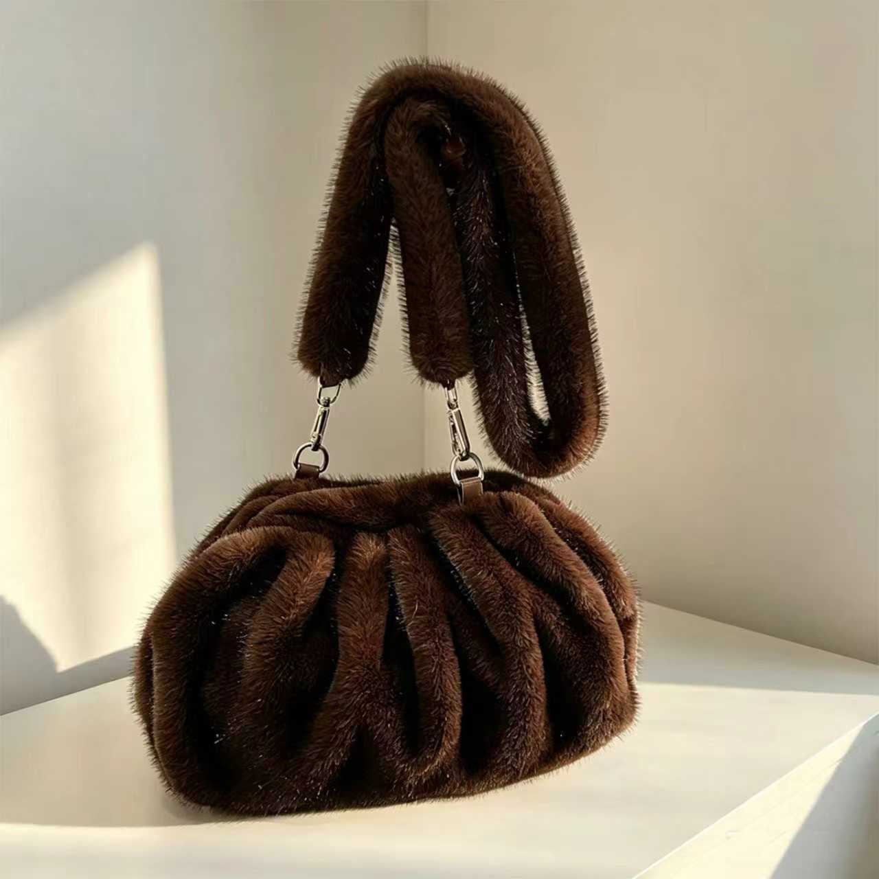 Plush Shoulder Bag Women's Fashion Imitation Mink Fur Pleated Cloud Bag Autumn And Winter…