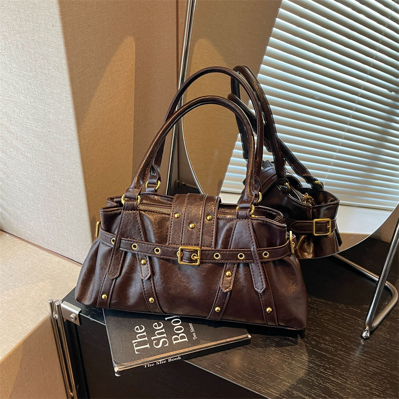 Womens Shoulder Bag With A Locomotive-style Belt Rivets And Metal Buckle