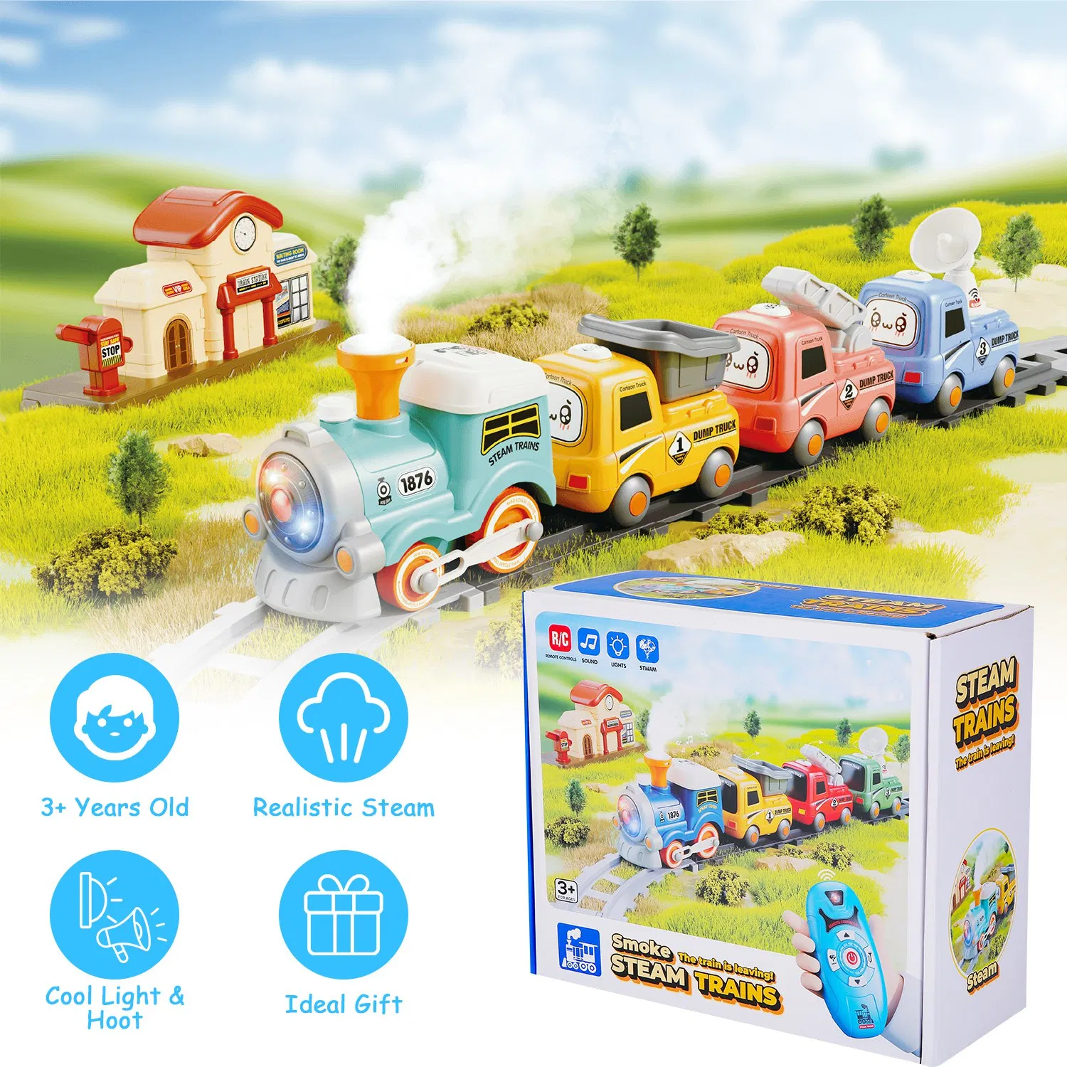 Kids Electric Train Set with Remote - Immersive Play with Authentic Train Sounds, Smoke…