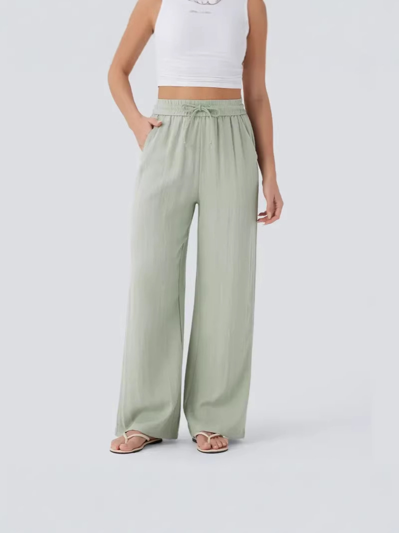 High-Waisted Drawstring Side Pocket Casual Style Linen Flowy Elastic Beach Wide-Leg Pants…