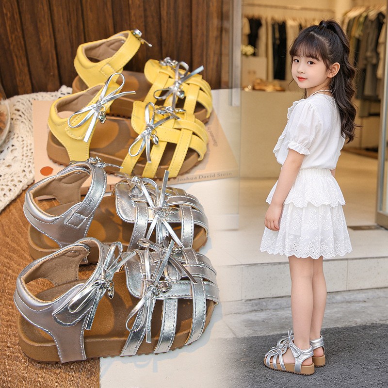 Summer New Girls Sandals, Woven Style Sweet Bow Closed-Toe Sandals, Soft Sole Beach Shoes…