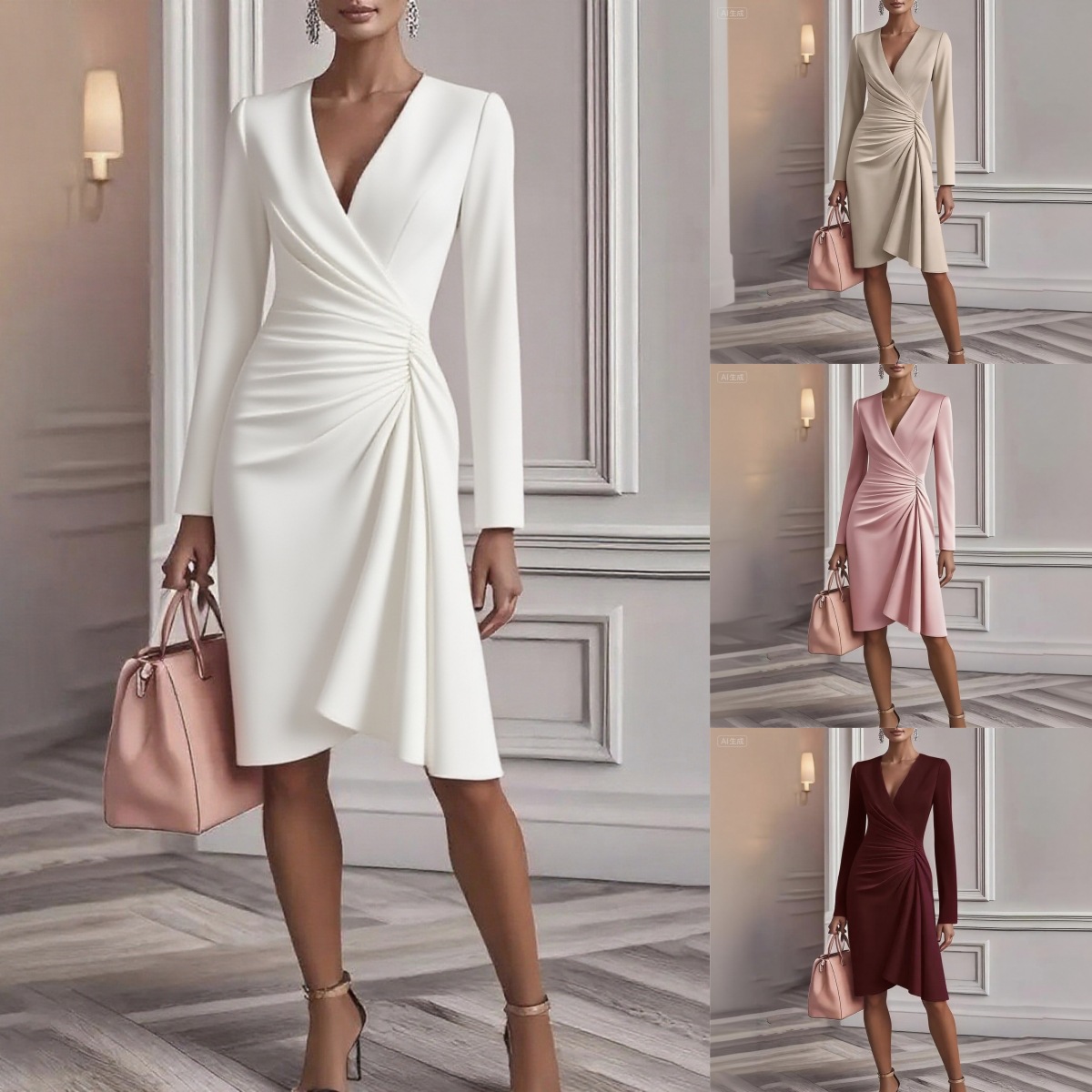 European And American New Autum Fashion Cross V Neck Waist Pure Color Long-Sleeved Dress…