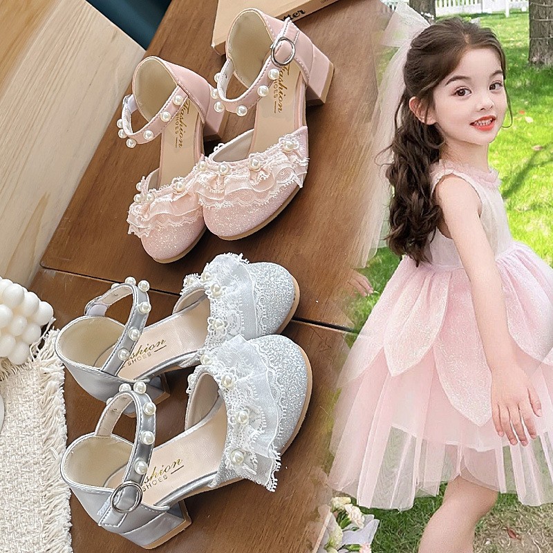 Girls Princess Sandals, Kids Pearl Closed-Toe Low Heel Shoes, Soft Sole Performance Dance…