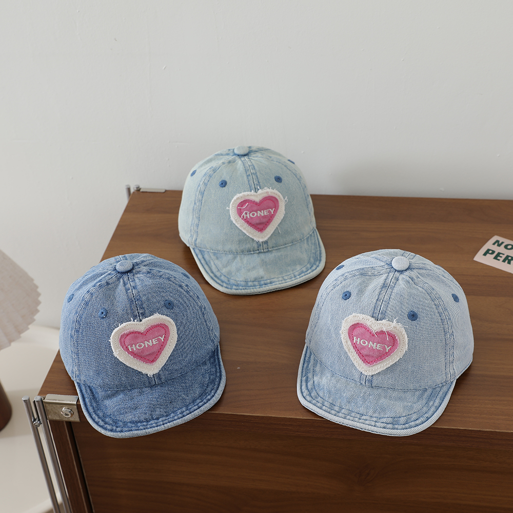 Retro Fashion Water-washed Denim Children's Baseball Cap With Heart Patch, Fringed Soft…