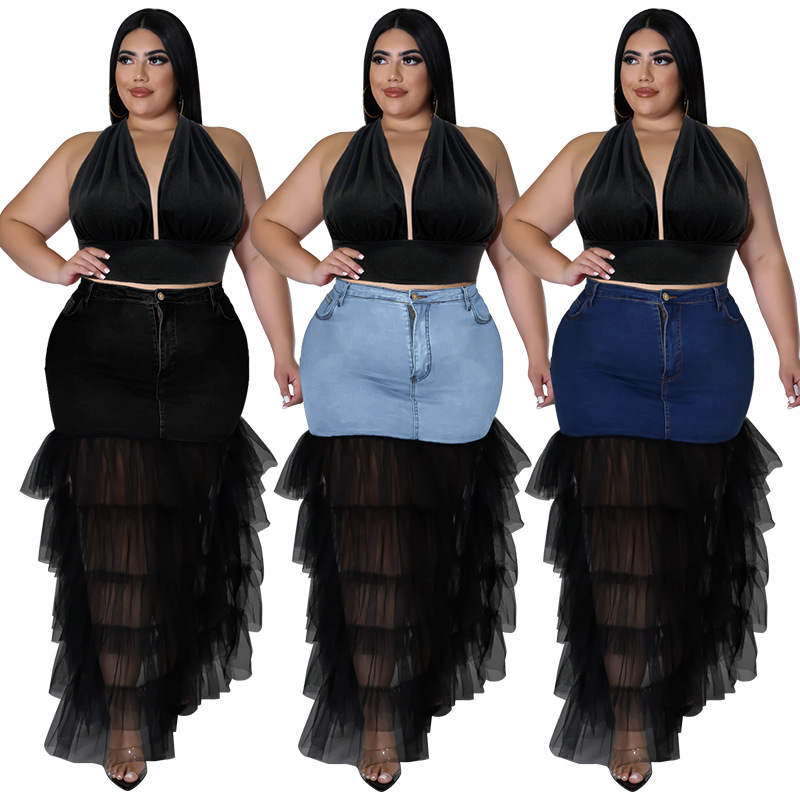 218187 Europe And The United States Large Size Women's New Wash Denim Mesh Sexy Skirt