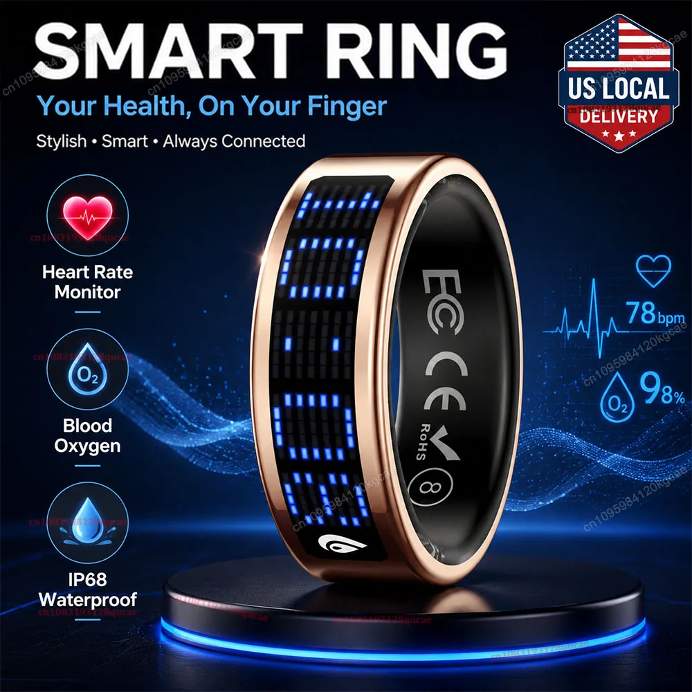 US Local Smart Ring with LED Display Screen Call Reminder Heart Rate Blood Oxygen Monitor IP68 Waterproof Multi Sports Mode Gift photo 1