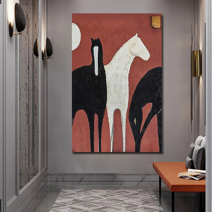 Black and White Horse Handmade Abstract Animal Picture Oil Painting On Canvas Handmade Painted Home Decor Artwork Frameless photo 6