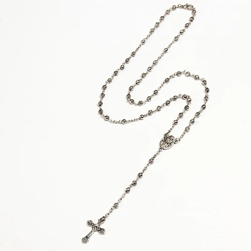 4mm stainless steel bead necklace, vintage gold rosary small necklace, female necklace Jesus cross necklace. photo 3