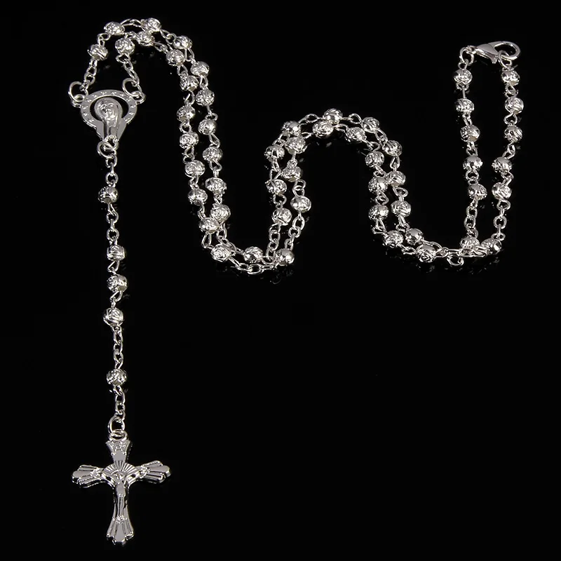 4mm stainless steel bead necklace, vintage gold rosary small necklace, female necklace Jesus cross necklace. photo 4