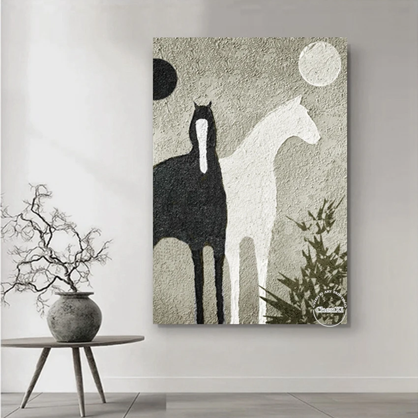 Black and White Horse Handmade Abstract Animal Picture Oil Painting On Canvas Handmade Painted Home Decor Artwork Frameless photo 2
