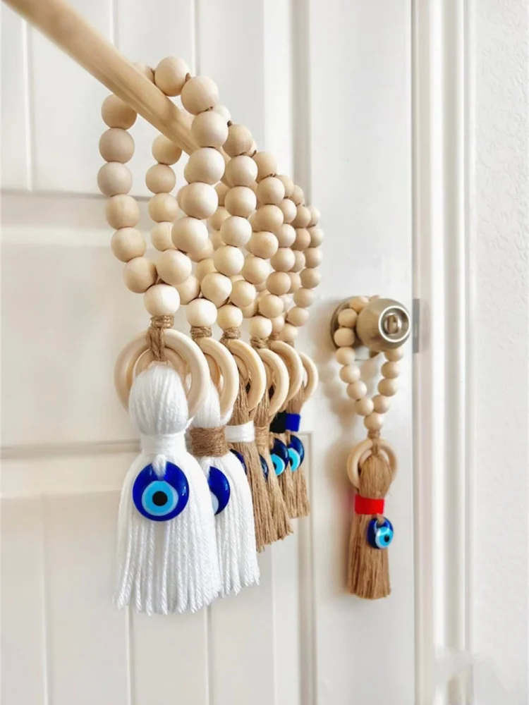 Wooden Guardian Amulet Tassel with Glass Evil Eye Bead Door-Knob Handle Hanging Modern Home Aesthetic Décor Home Decor Gift photo 1