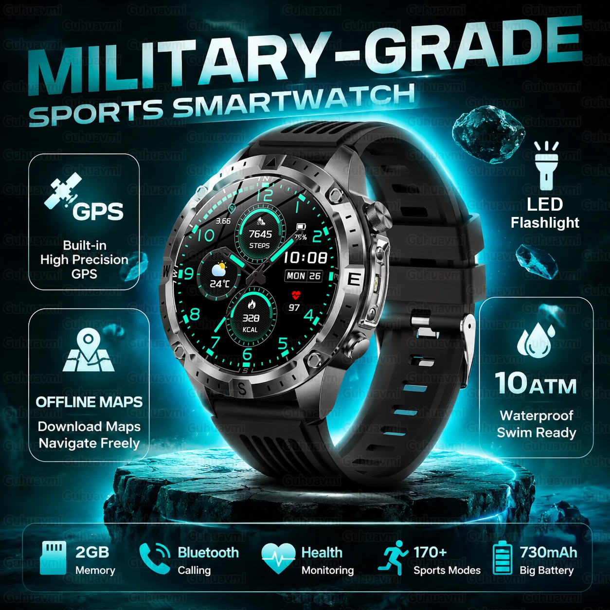 Military Sports Smart Watch Men LED Flashlight GPS Offline Maps 10ATM Waterproof 730mAh Bluetooth Call Fitness Trackr Smartwatch photo 1
