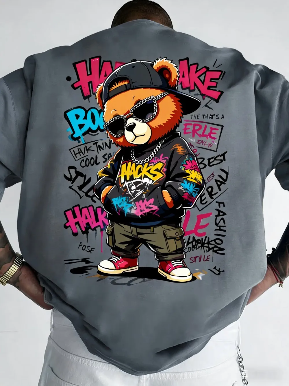European and American Men's Summer Teddy Bear Graffiti Print Comfortable and Breathable Round Neck T-Shirt Outdoor Street Top photo 1