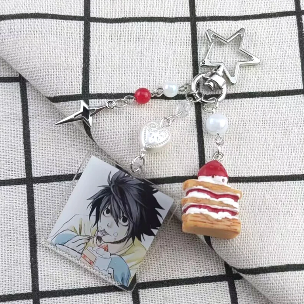 Handmade Anime Death Note L Lawliet Cake Beaded Keychain Bag Charms Aesthetic Handbag Pendant Key Ring Christmas Gift photo 1