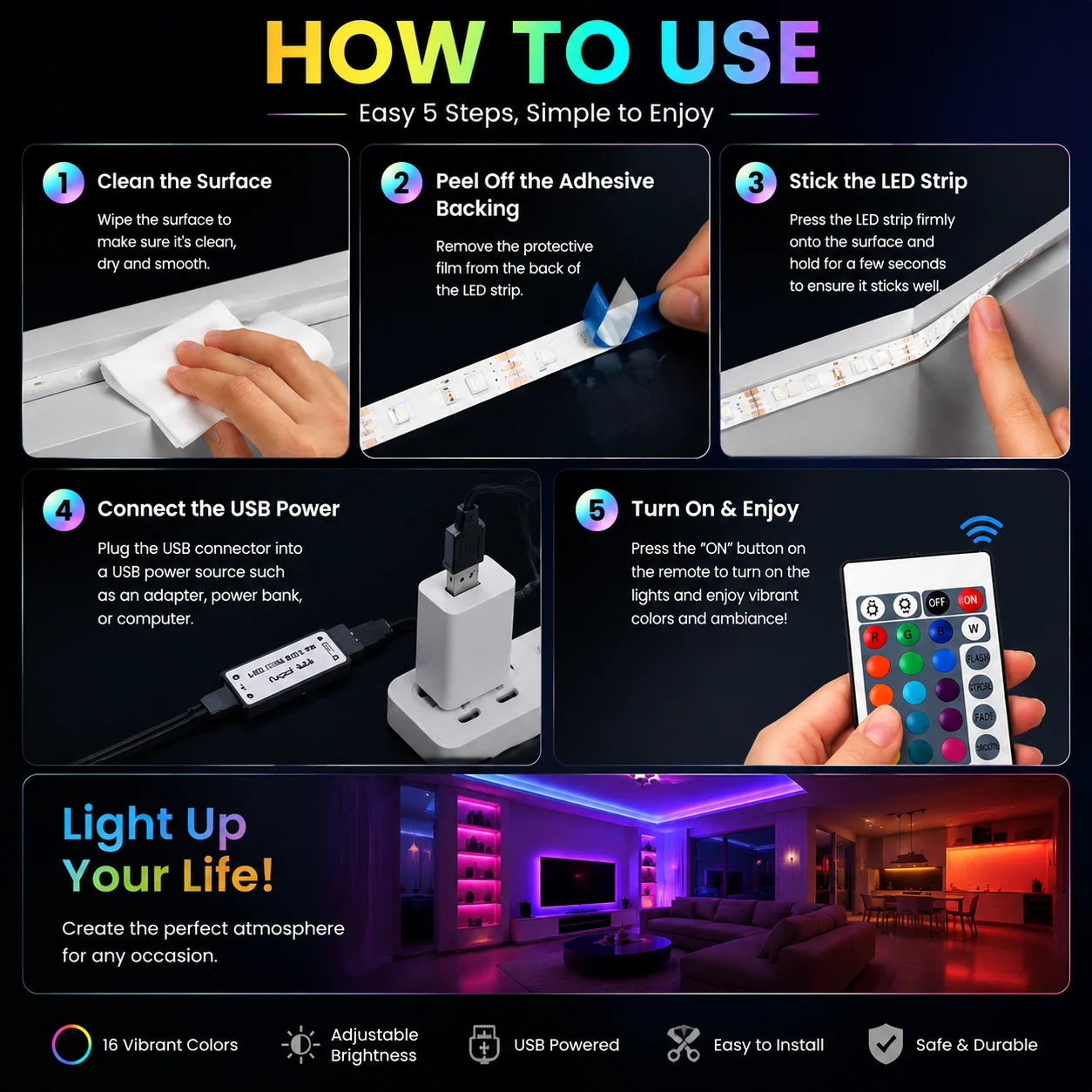 24‑Key IR Remote RGB LED Strip Light USB Flexible Color Changing LED Tape for TV Backlight DIY Bedroom Holiday Party Home Decor. photo 3