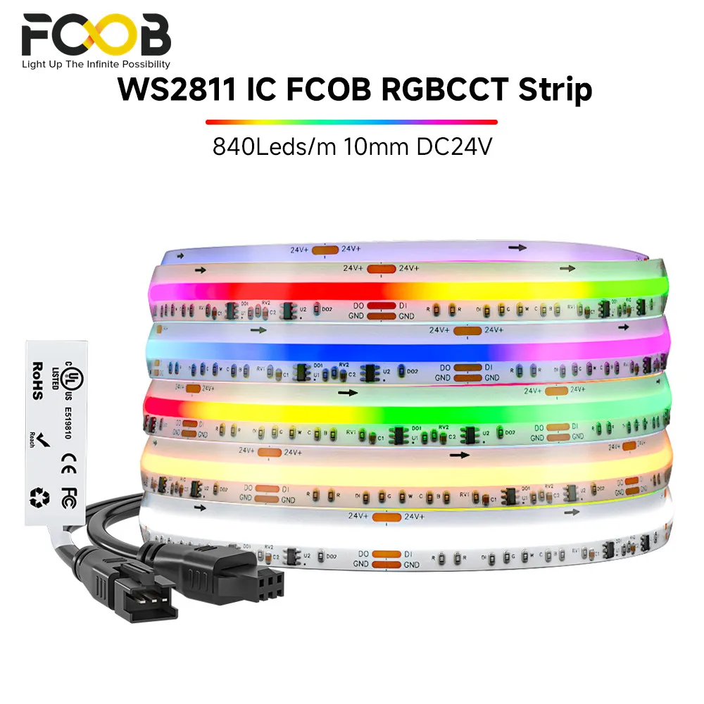FCOB SPI RGBCCT IC LED Strip Light WS2811 Dual IC Addressable 840 LED Dream Color RGB+CW WW FOB High Flexible COB Lights DC24V photo 1