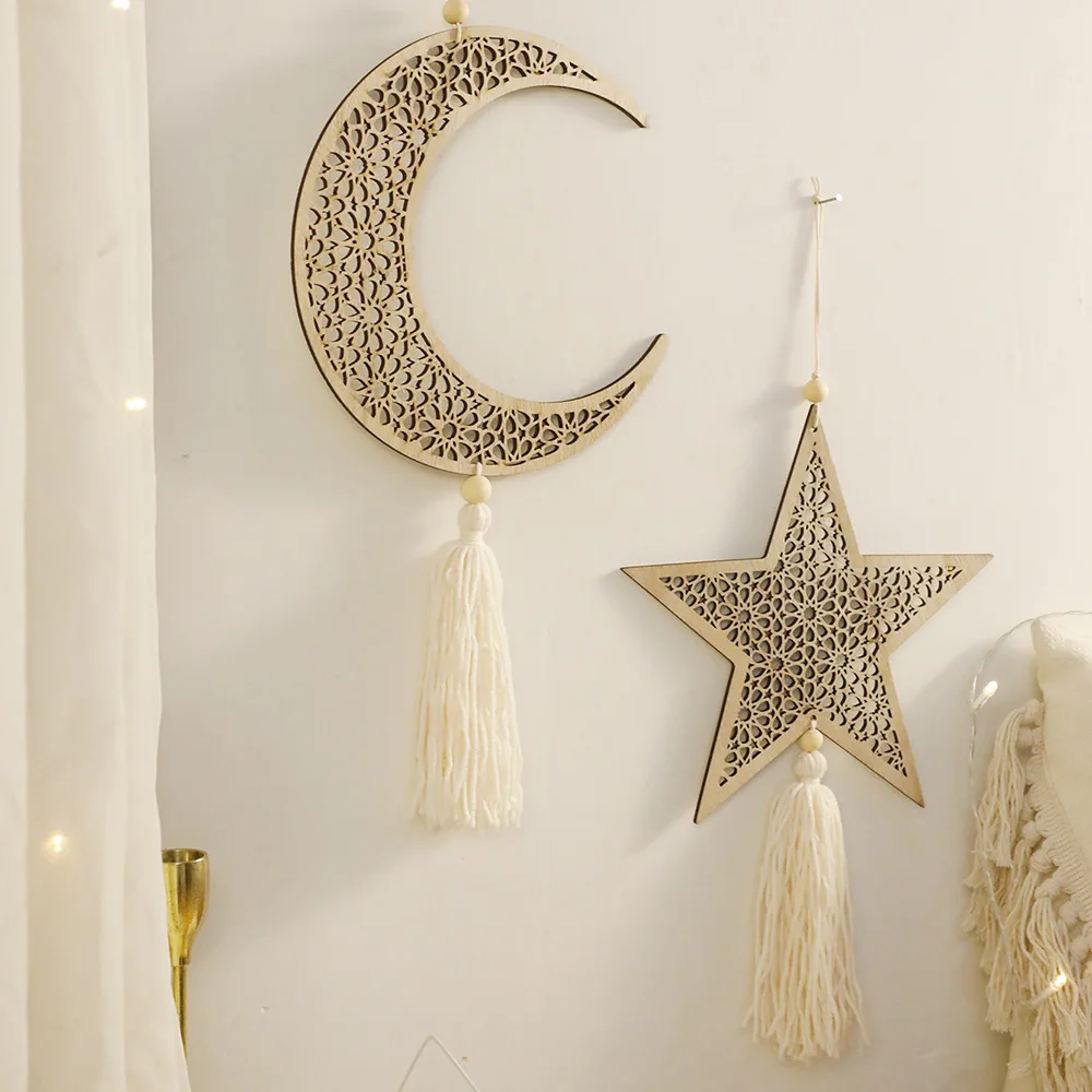 Ramadan Wooden Hanging Ornaments Moon and Star Hollow Mesh Wall Decor Islamic Eid Mubarak Muslim Decor，Ramadan Kareem Gift photo 4