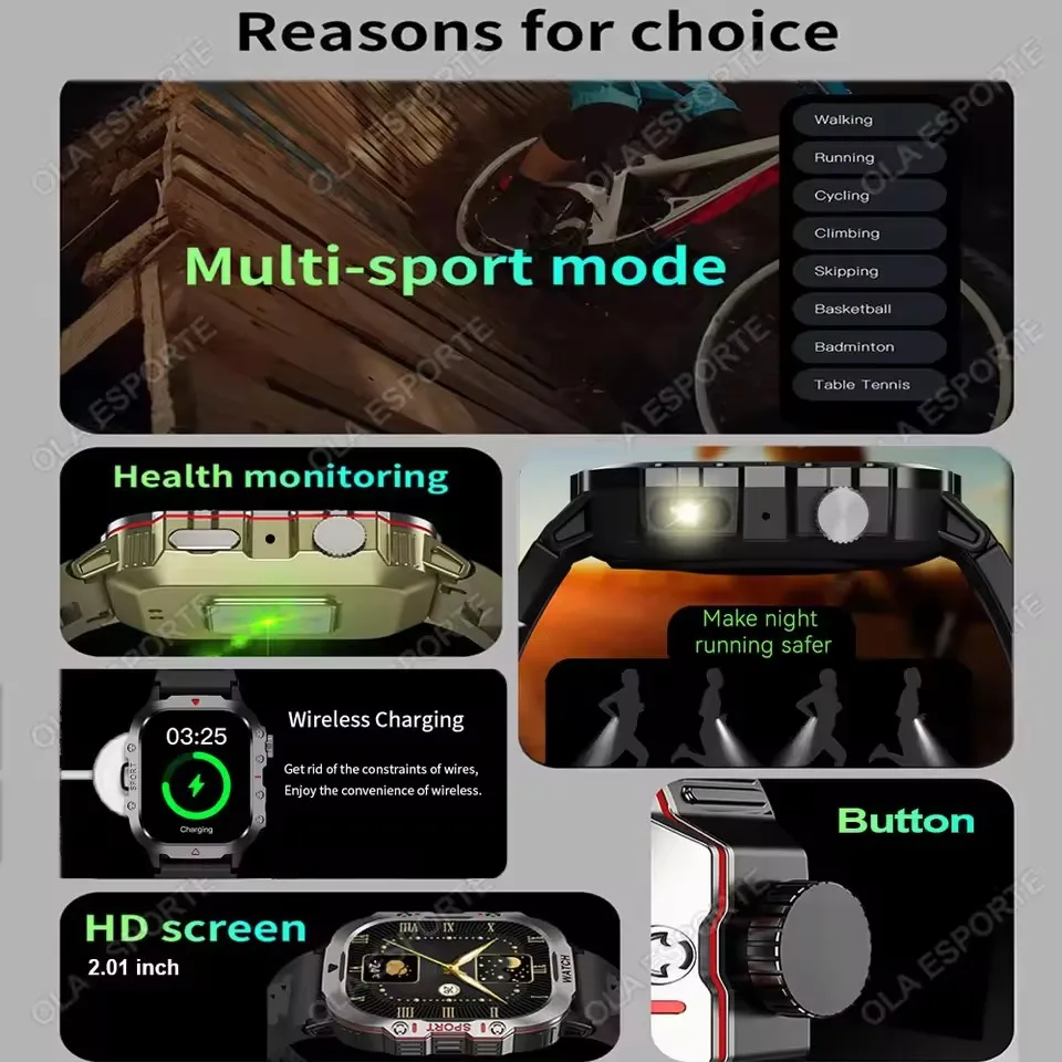 Rugged Military Smart Watch Men's Outdoor Watch LED Flashlight 2.01'' HD Touch Screen Voice Bluetooth Call Smartwatch Gifts HT30 photo 2