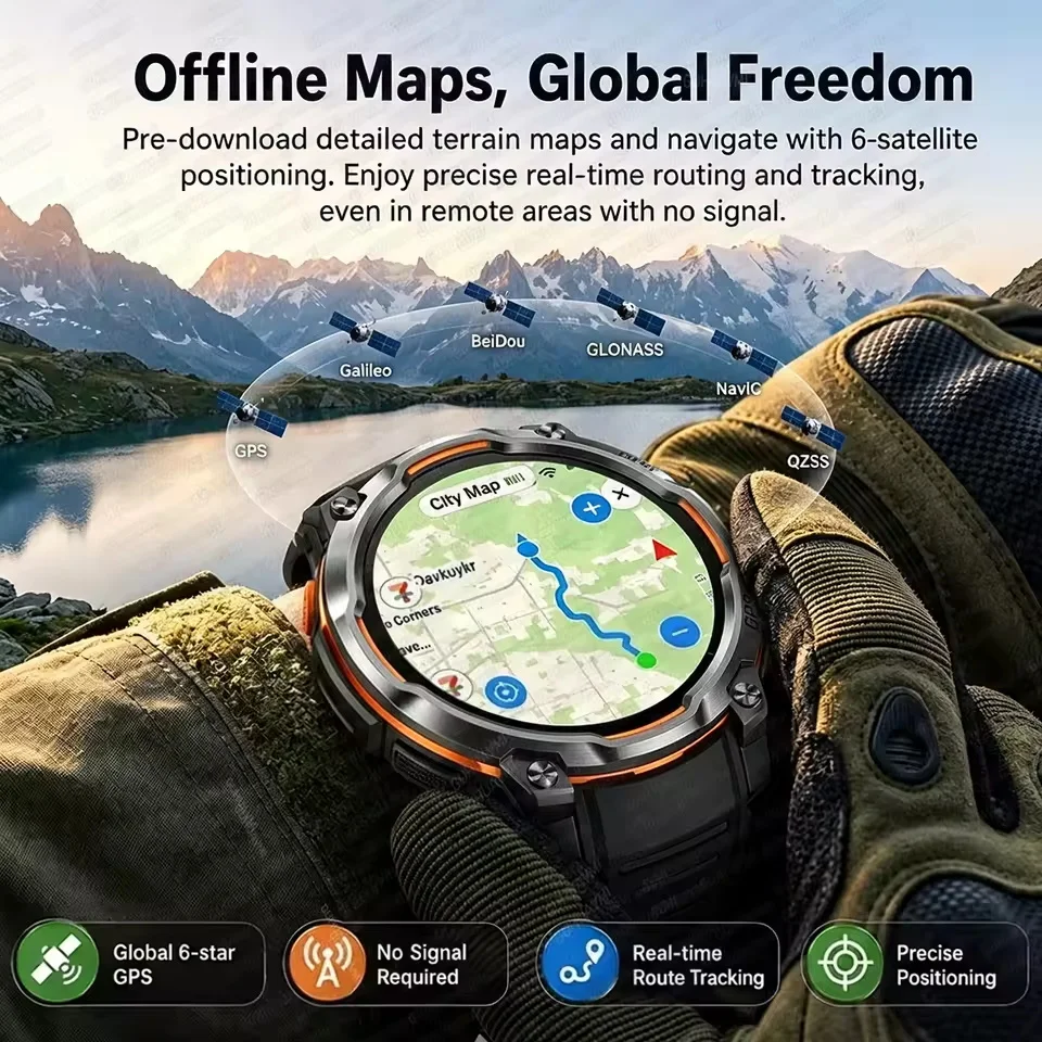 Men Outdoor GPS Smartwatch Offline Map 107 Sport Modes 1200mAh Battery BT Call Heart Rate BP SpO2 Fitness Sports Wrist Watch photo 2