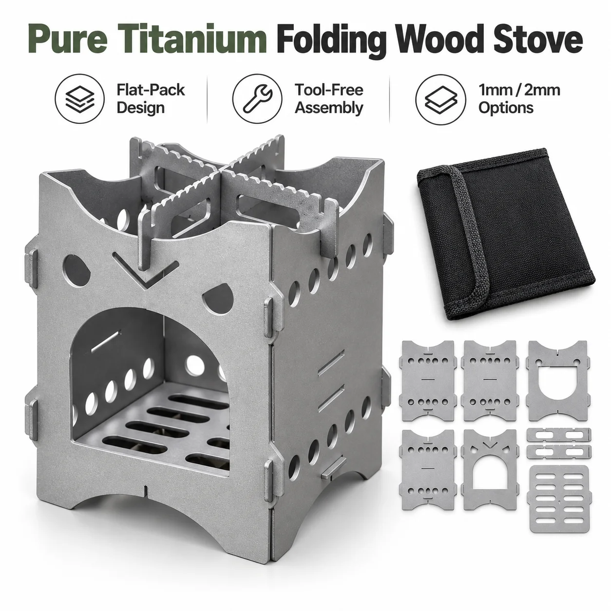 Pure Titanium Wood Stove 1mm/2mm Flat-Pack Card Stove Portable Titanium Camp Stove for Backpack Bushcraft Hiking Outdoor Cooking photo 1