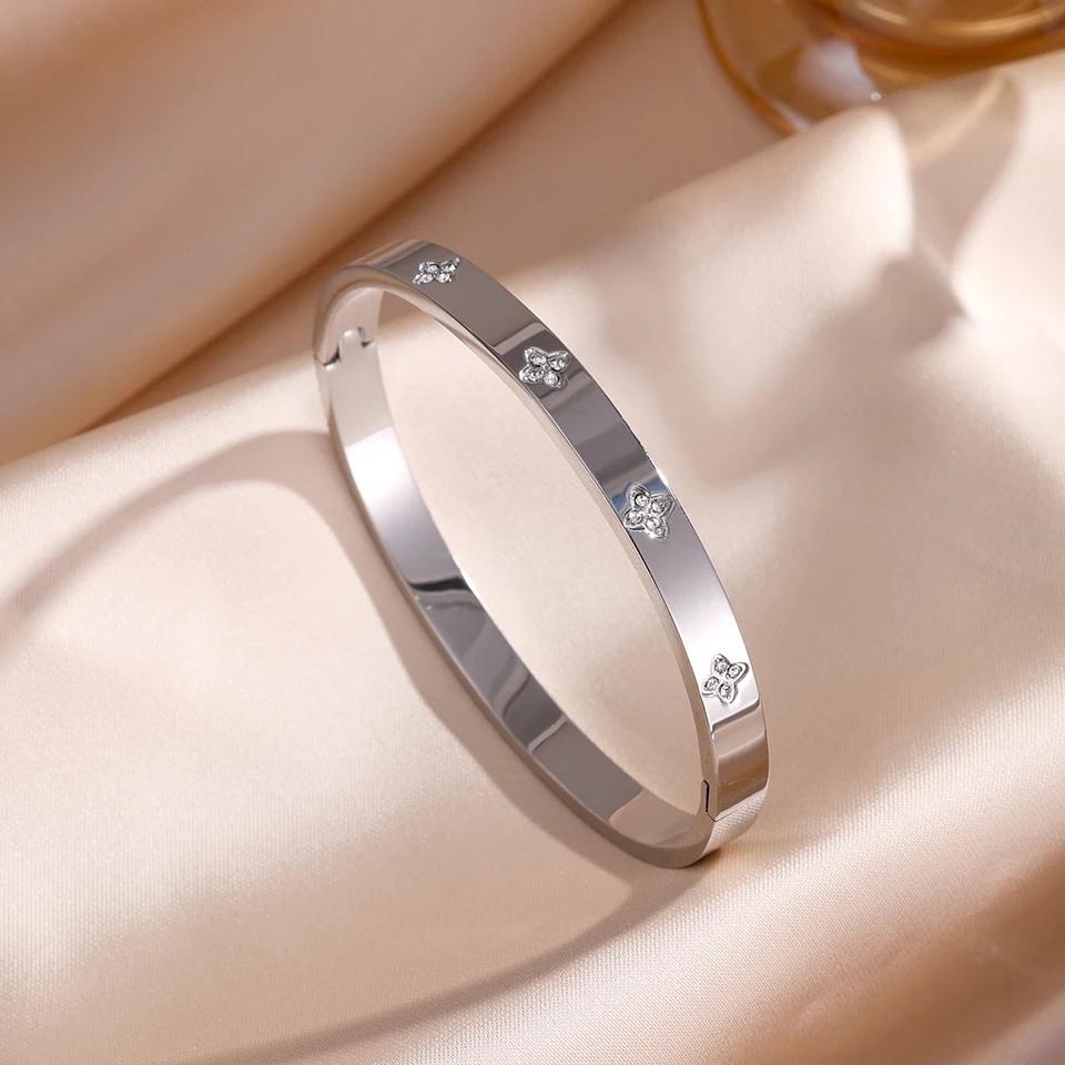 ZAKOL 5/1pcs Sparkling Zirconia Inlaid Stainless Steel Bracelet Set for Women Stackable Bangles Fashion Non Fading Jewelry Gift photo 5